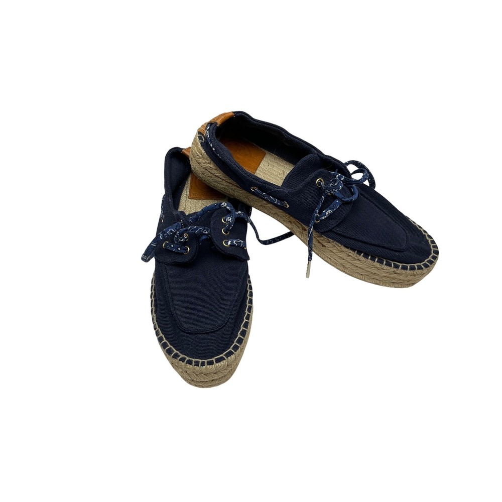 Tory Burch Navy Canvas Espadrille Lace Up Boat Shoes
